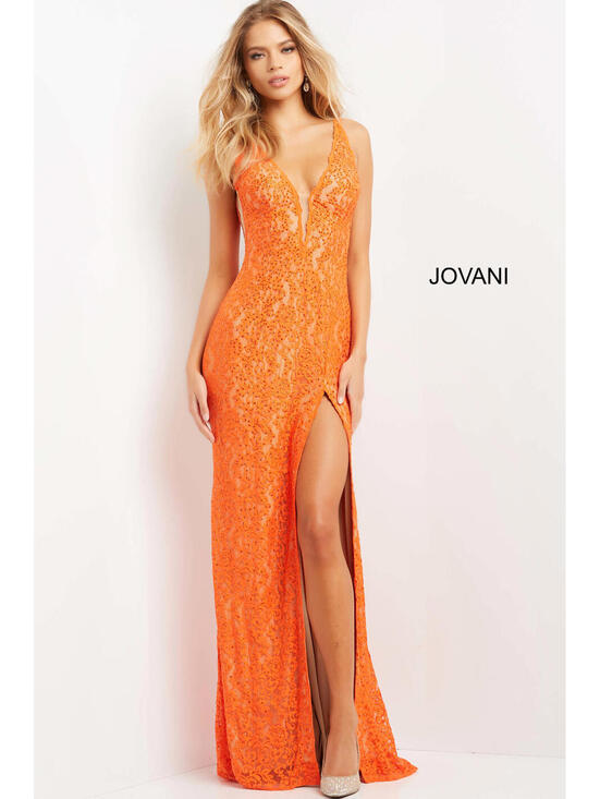 Jovani Dresses & Skirts - NWT Jovani 08674 Orange Nude Lace Plunging Neck Dress Size 0 Formal Prom Gown